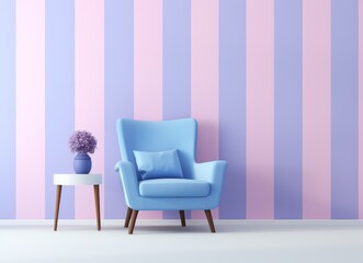 Modern interior design with a blue armchair and a small table with a vase of flowers against a pastel striped wall. Minimalist living space concept