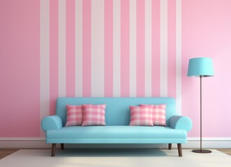 Modern living room interior with a pastel blue sofa, pink and white striped wall, and a matching blue floor lamp. Stylish home decor with a cozy and welcoming ambiance