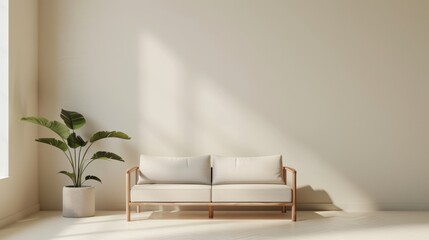 Minimalist living room interior with a comfortable beige sofa and a potted plant, bathed in natural sunlight with soft shadows on a plain wall