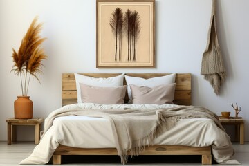 A boho frame mockup standing on floor in boho bedroom interior with wooden bed.