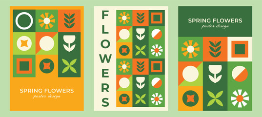 Set of posters Geometric pattern spring flowers. Banner poster flyer cover template. Vector file design elements.