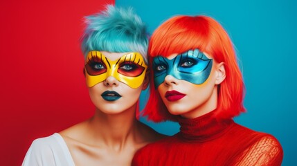 Obraz premium Two women with vibrant hair and fantasy superhero masks against a red and blue background