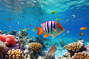Obraz na płótnie Canvas Underwater with colorful sea life fishes and plant at seabed background, Colorful Coral reef landscape in the deep of ocean. Marine life concept, Underwater world scene.