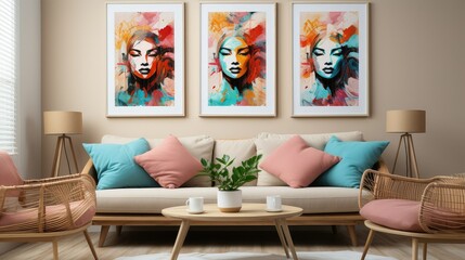 Boho style wall art set in living room.