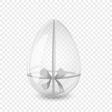 Transparent glass egg with gray bow. Easter egg card. For postcard, card, invitation, poster, banner template lettering typography. Seasons Greetings. Vector illustration