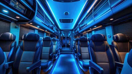 Inside view of a modern bus interior with empty seats