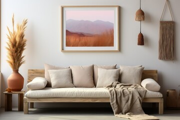 Boho style wall art set in living room.