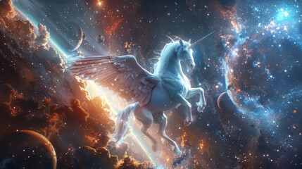 Flying Unicorn Horses in Space