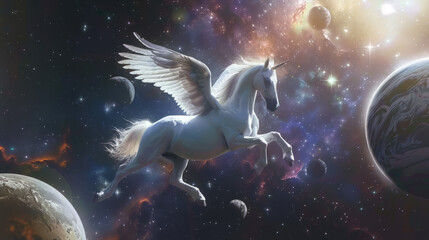 Obraz na płótnie Canvas Flying Unicorn Horses in Space