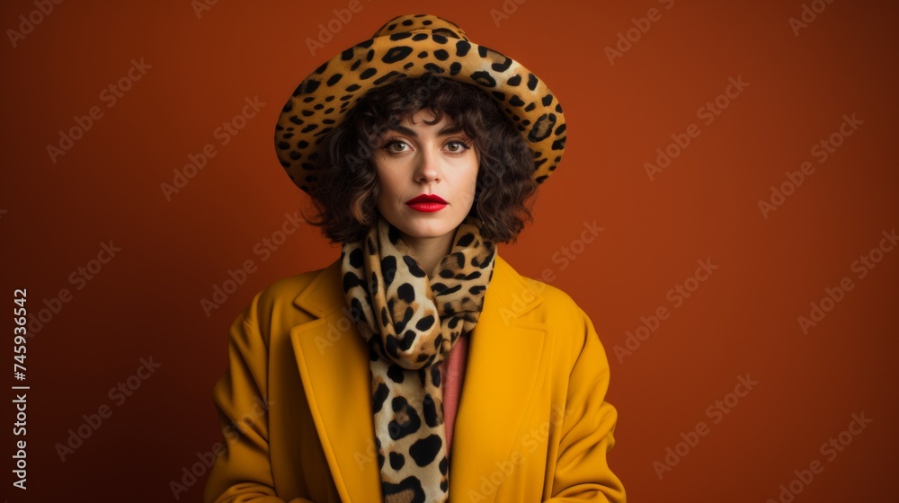 Wall mural Portrait of a beautiful woman in a mustard coat and cheetah pattern hat and neck scarf