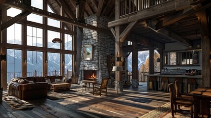 Fototapeta premium Mountain lodge interior featuring a gorgeous wooden texture floor, exposed beams and stone accents create a cozy retreat amidst breathtaking alpine views