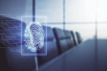 Abstract virtual fingerprint hologram on a modern conference room background. Multiexposure