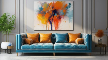 Gold coffee table, white wall behind the sofa, cobalt blue chesterfield sofa, chesterfield sofa, bright orange cushions side view of modern luxury style living room in in blue colour in boho style