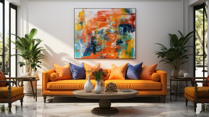 Gold coffee table, white wall behind the sofa, cobalt blue chesterfield sofa, chesterfield sofa, bright orange cushions side view of modern luxury style living room in in blue colour in boho style