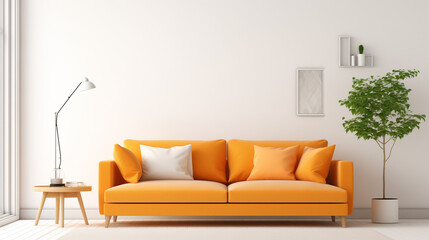 Vibrant Orange Sofa in a Modern White Living Room with Indoor Greenery and Floor Lamp