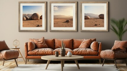 Living room with minimalist wall art set. - obrazy, fototapety, plakaty
