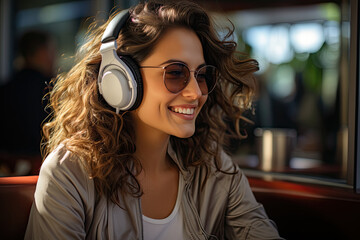 Charming woman wearing headphones is seated in a booth, listening attentively
