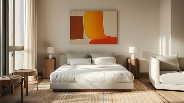 Modern Bedroom with minimal design bed, wooden tables, lamps, sofa and abstract painting