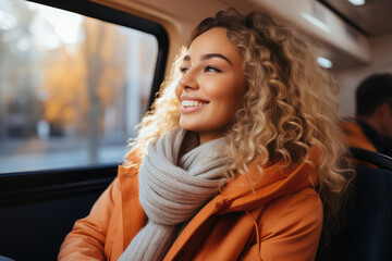 Charming woman is seated inside a car, wearing a scarf around her neck