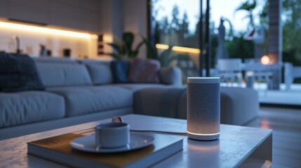 Modern smart speaker on wooden table in a bright contemporary kitchen interior