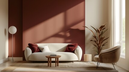 modern living room with sofa, armchair, indoor plant and table, maroon and beige colors