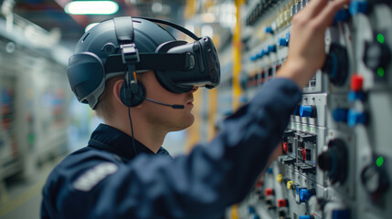 An electrical engineer with a VR headset interacts with a 3D virtual model of a smart grid system in an advanced engineering facility.