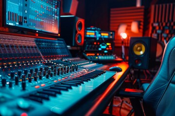 A professional music recording studio with modern equipment and mood lighting.