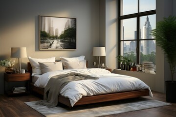 Modern bed room with beautiful frame on wall.