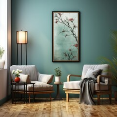 Modern green living room with beautiful frame on wall.