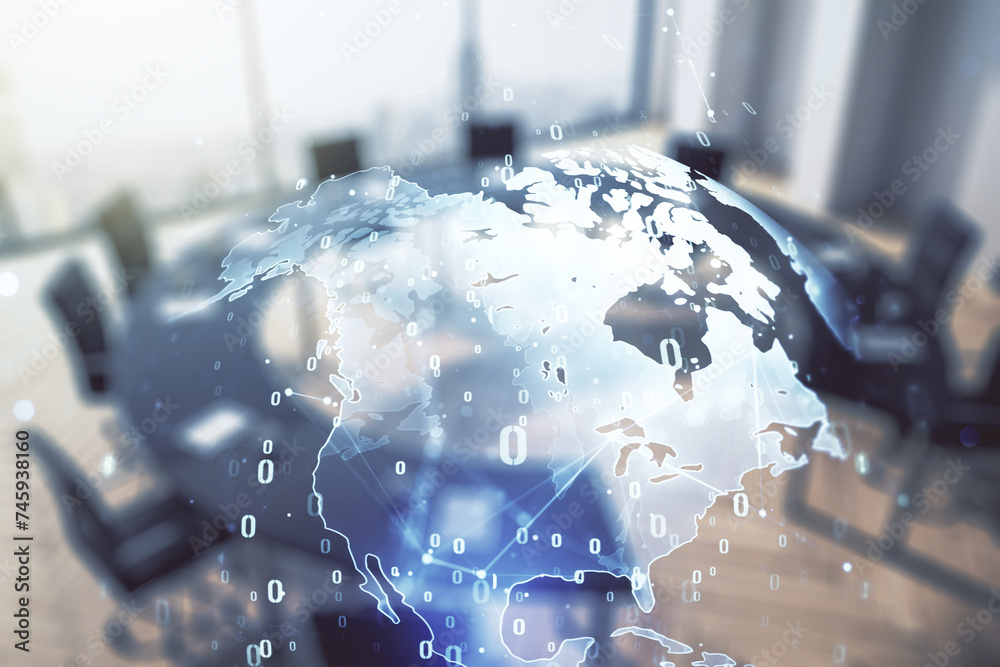Aufkleber Double exposure of abstract programming language hologram and world map on a modern meeting room background, research and development concept