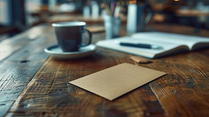 Maqueta de una tarjeta colocada sobre una mesa de trabajo con colores cálidos. Concepto de recurso gráfico. Generado por IA. - obrazy, fototapety, plakaty
