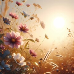 Nature background with wild flowers and sun 