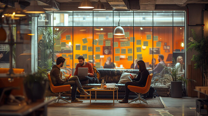 Obraz na płótnie Canvas A young team collaborates on a project in a cozy startup office with an informal and vibrant setting.