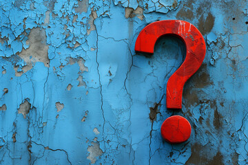 red question mark on a blue rustic wall - 745938326