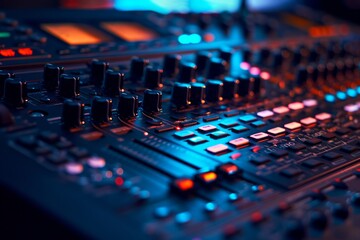 Detailed view of a sound mixing console with faders and buttons in a studio environment.