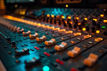 Obraz premium Detailed view of a sound mixing console with faders and buttons in a studio environment.