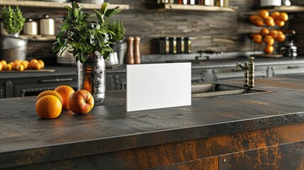 Maqueta de una tarjeta con fondo de una cocina. Concepto de diseño y recurso gráfico. Generado por IA. - obrazy, fototapety, plakaty