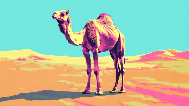 A stylized image of a camel standing in a colorful desert landscape with pink and yellow hues