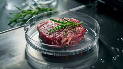 Synthetic meat made in a real laboratory in a container in high resolution and high quality. meat concept