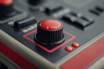 Close-up of a red joystick knob on a vintage arcade game console with buttons and switches, highlighting details and textures