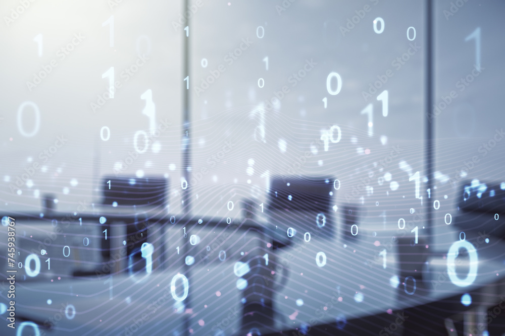 Aufkleber Abstract virtual binary code illustration on a modern conference room background. Big data and coding concept. Multiexposure