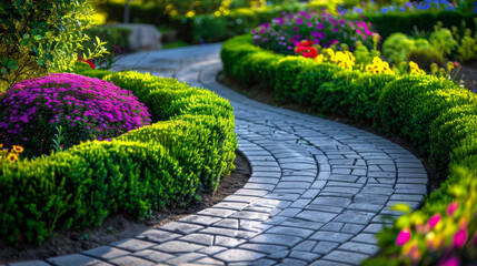 Curved Paving Stone Pathway Amidst Trimmed Hedges and Flower Clusters in a Garden