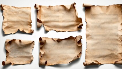 old rugged torn burnt letter page paper or scroll sheet set collection empty blank mockup