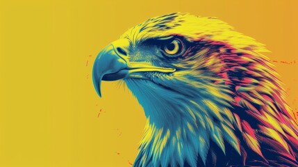 Vibrant digital artwork of an eagle head with a striking yellow color abstract background, showcasing the bird's fierce gaze and beautiful feathers