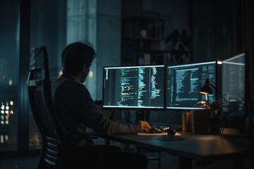 Obraz na płótnie Canvas A person working at a computer workstation with multiple monitors displaying code in a dark office.
