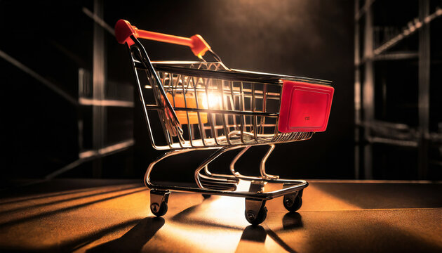E commerce shopping cart toy. Online sale, marketing and payment with discount picture.
