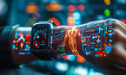 Modern wearable technology displaying a comprehensive health monitoring system with a 3D human anatomy graphic on a smartwatch screen