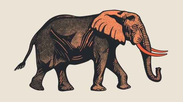 Vintage style illustration of an elephant with detailed textures and patterns on a light background