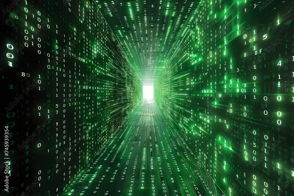 Poster green digital code tunnel. cybersecurity and virtual reality. global connection concept. big data, n
