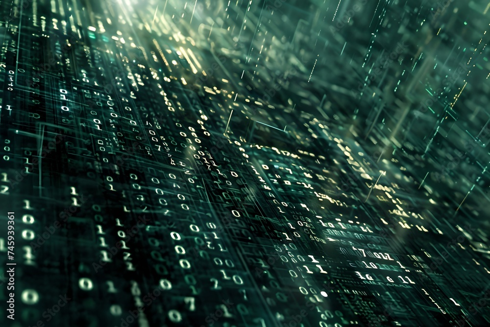 Poster green matrix code rain. data stream abstract background. global connection concept. big data, networ
